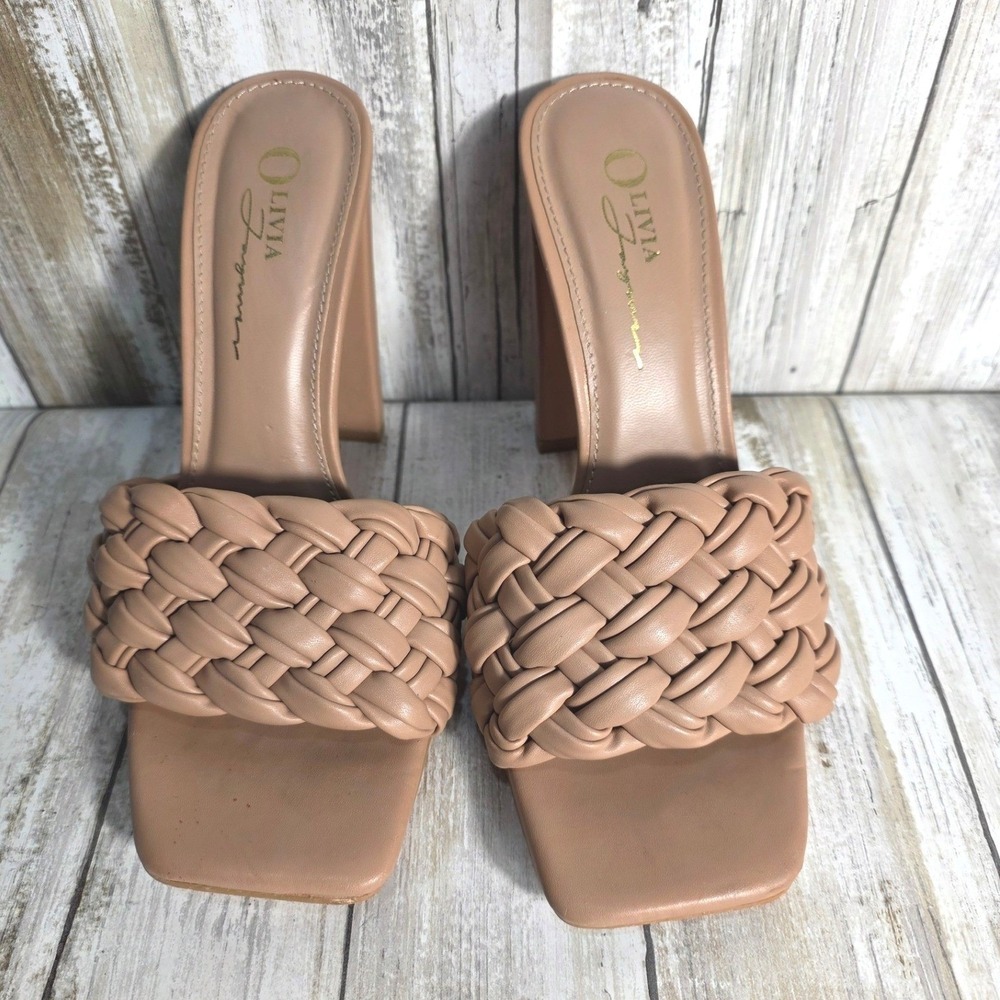 Livia Laguna Women's Beige Woven Square Toe Block Heel Slide Sandals Size 7